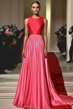 Vermelho &rosa uma linha sem mangas cetim longo vestido de gala