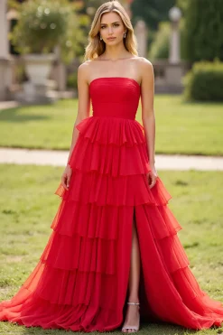 Vermelho Sem Alças Tule Linha-A Longo Vestido De Baile com Fenda