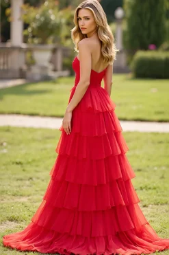 Vermelho Sem Alças Tule Linha-A Longo Vestido De Baile com Fenda