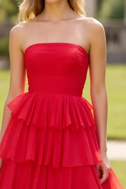 Vermelho Sem Alças Tule Linha-A Longo Vestido De Baile com Fenda