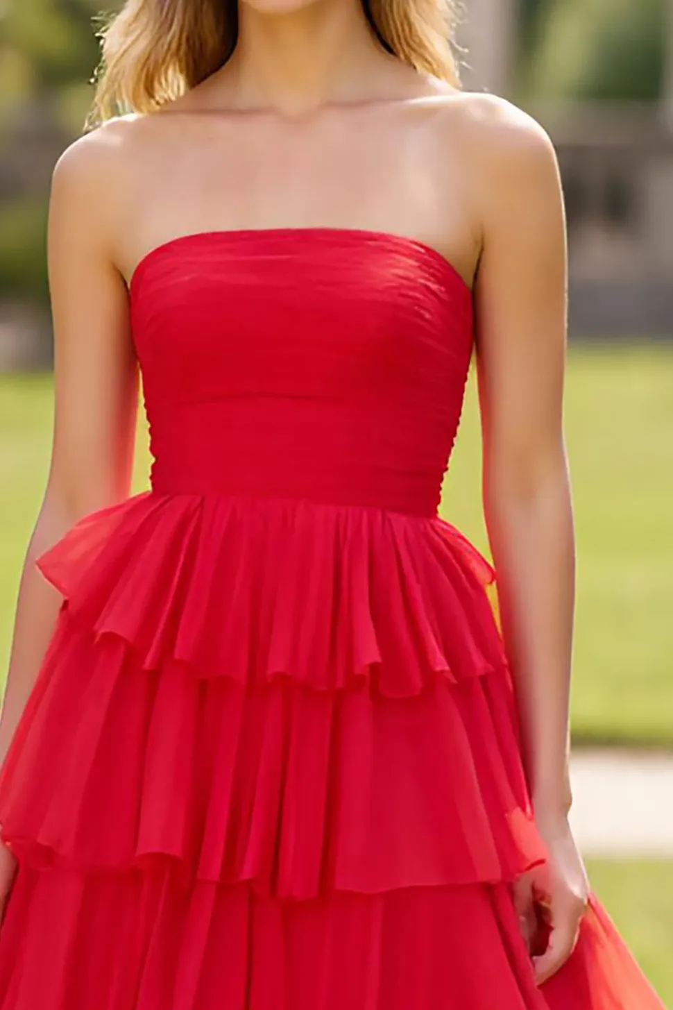 Vermelho Sem Alças Tule Linha-A Longo Vestido De Baile com Fenda