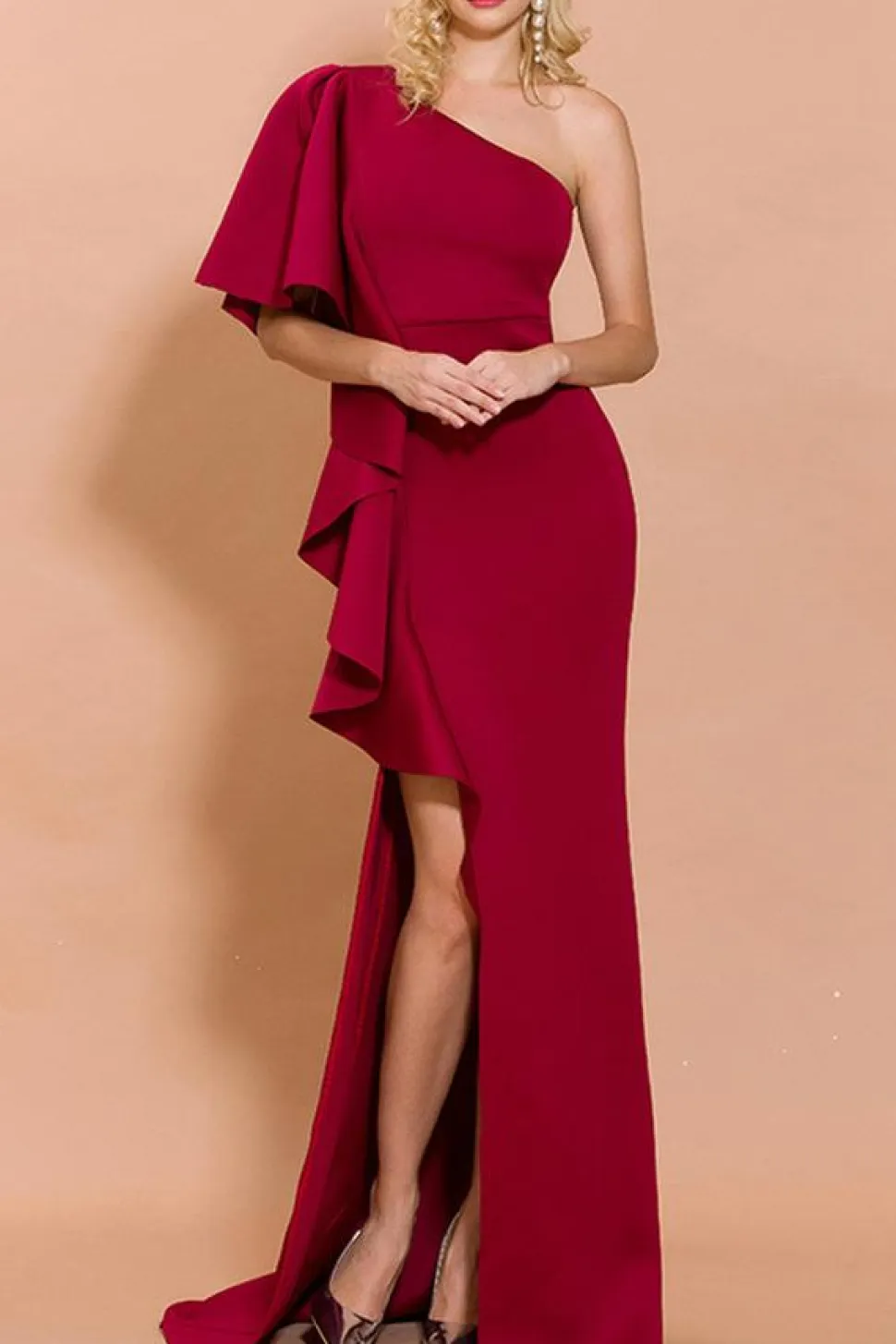 Vermelho Um Ombro Cetim Sem Mangas Longos Vestido Cerimónia