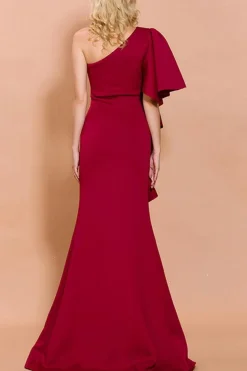 Vermelho Um Ombro Cetim Sem Mangas Longos Vestido Cerimónia