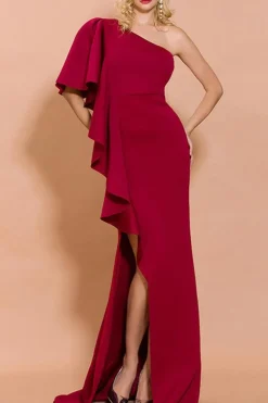 Vermelho Um Ombro Cetim Sem Mangas Longos Vestido Cerimónia