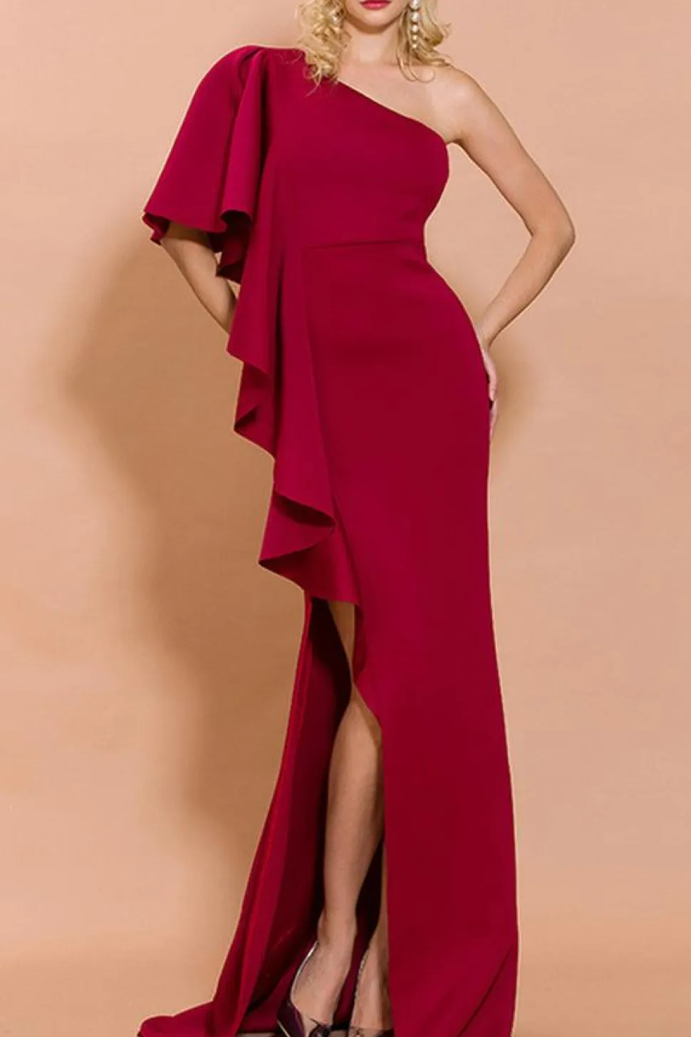 Vermelho Um Ombro Cetim Sem Mangas Longos Vestido Cerimónia