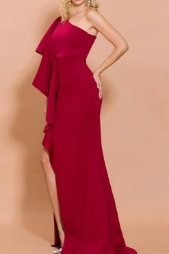 Vermelho Um Ombro Cetim Sem Mangas Longos Vestido Cerimónia