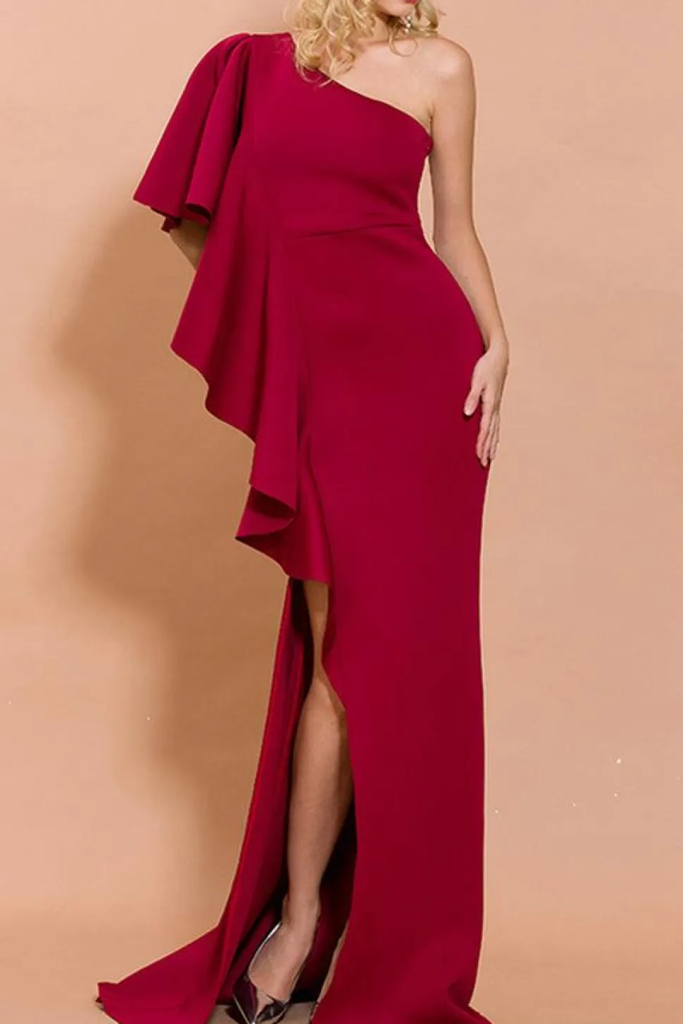Vermelho Um Ombro Cetim Sem Mangas Longos Vestido Cerimónia