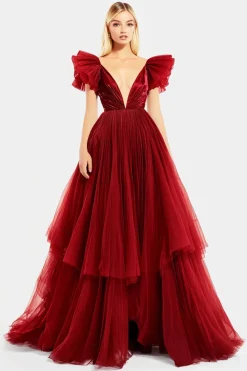 Vermelho V Pescoço Uma Linha Tule plissado longo vestido de baile com fenda