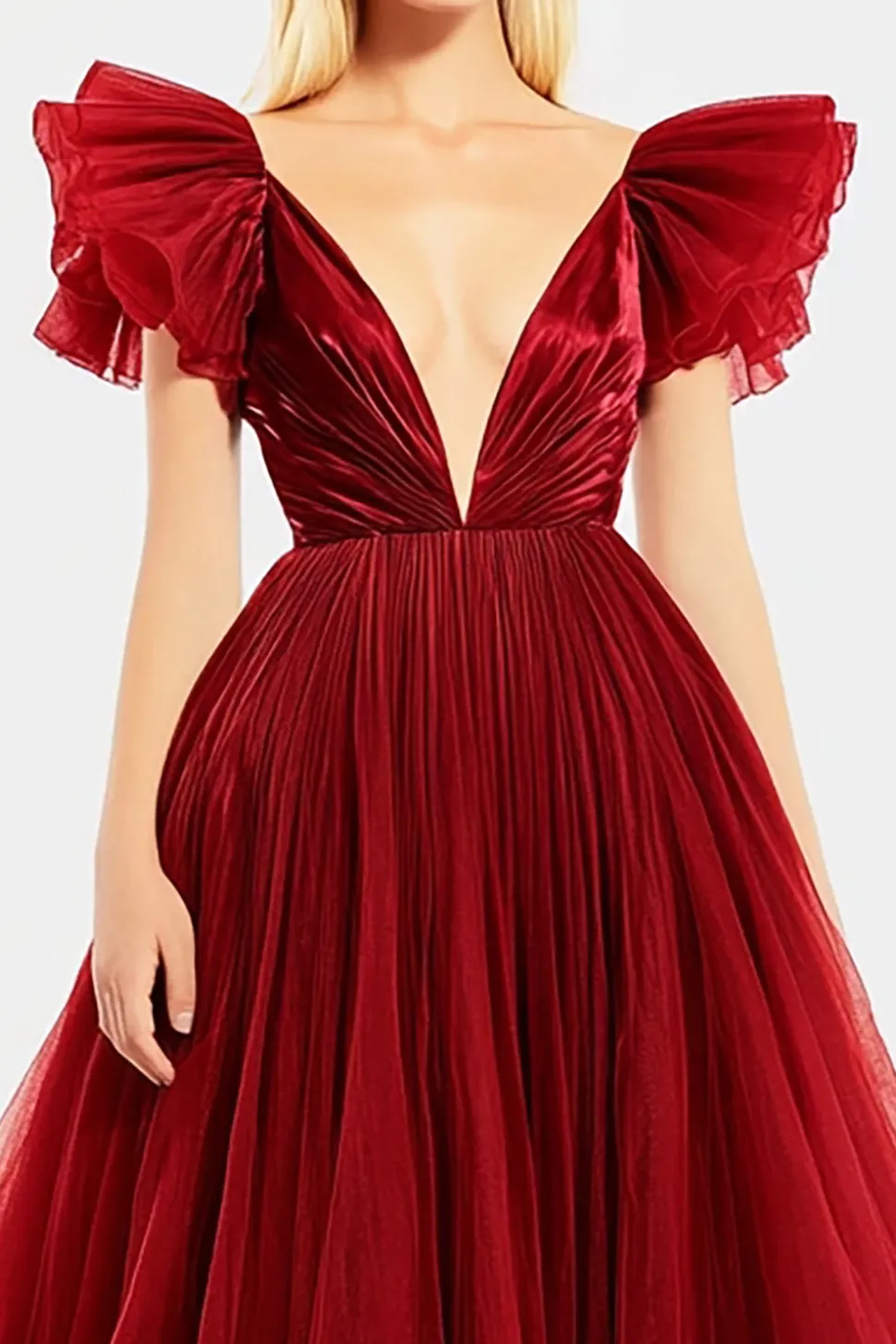 Vermelho V Pescoço Uma Linha Tule plissado longo vestido de baile com fenda
