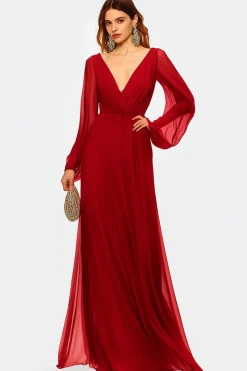 Vermelho V-Neck Chiffon Mãe Do Vestido De Noiva Com Mangas Longas