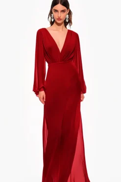 Vermelho V-Neck Chiffon Mãe Do Vestido De Noiva Com Mangas Longas