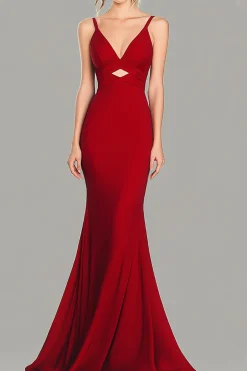 Vermelho V-Neck Cut out Sereia Vestido Formal