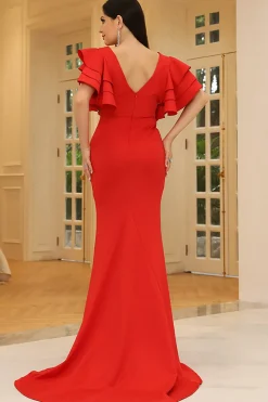 Vermelho V-Neck Sereia Flutter mangas Long Prom Dress
