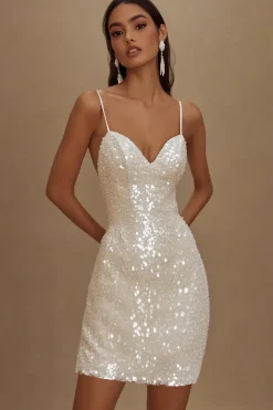 Vestidinho Branco Brilhante Alças Finas Bodycon Curto/Mini Lantejoulas