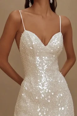 Vestidinho Branco Brilhante Alças Finas Bodycon Curto/Mini Lantejoulas