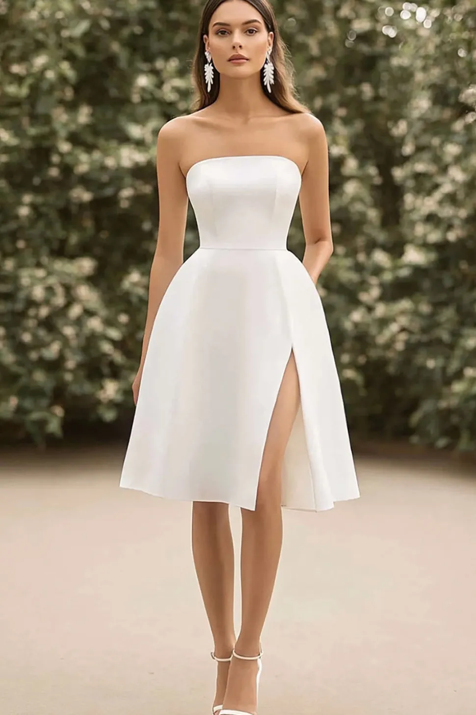 Vestidinho Branco com Fenda Sem Alças Linha-A Curto/Mini Cetim