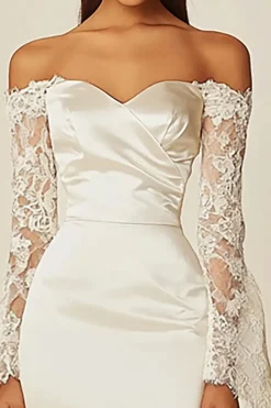 Vestidinho Branco com Mangas Compridas Fora do Ombro Curto/Mini Renda Bodycon