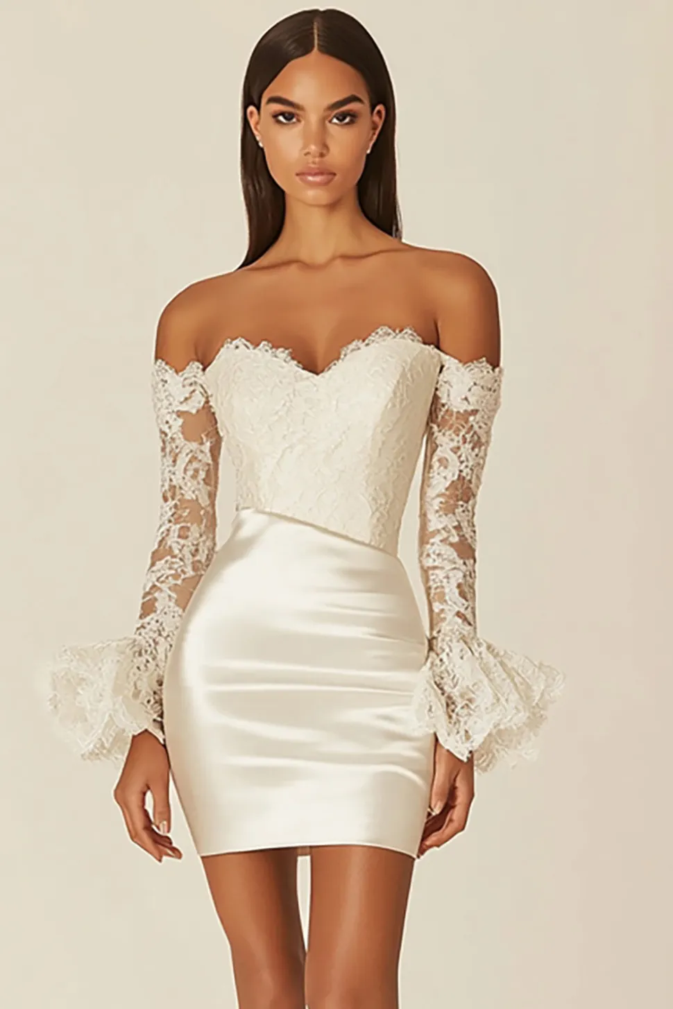 Vestidinho Branco com Renda Fora do Ombro Bodycon Mangas Compridas Cetim