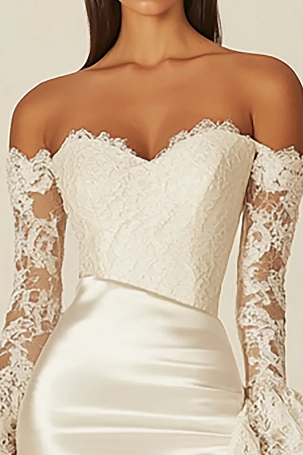 Vestidinho Branco com Renda Fora do Ombro Bodycon Mangas Compridas Cetim