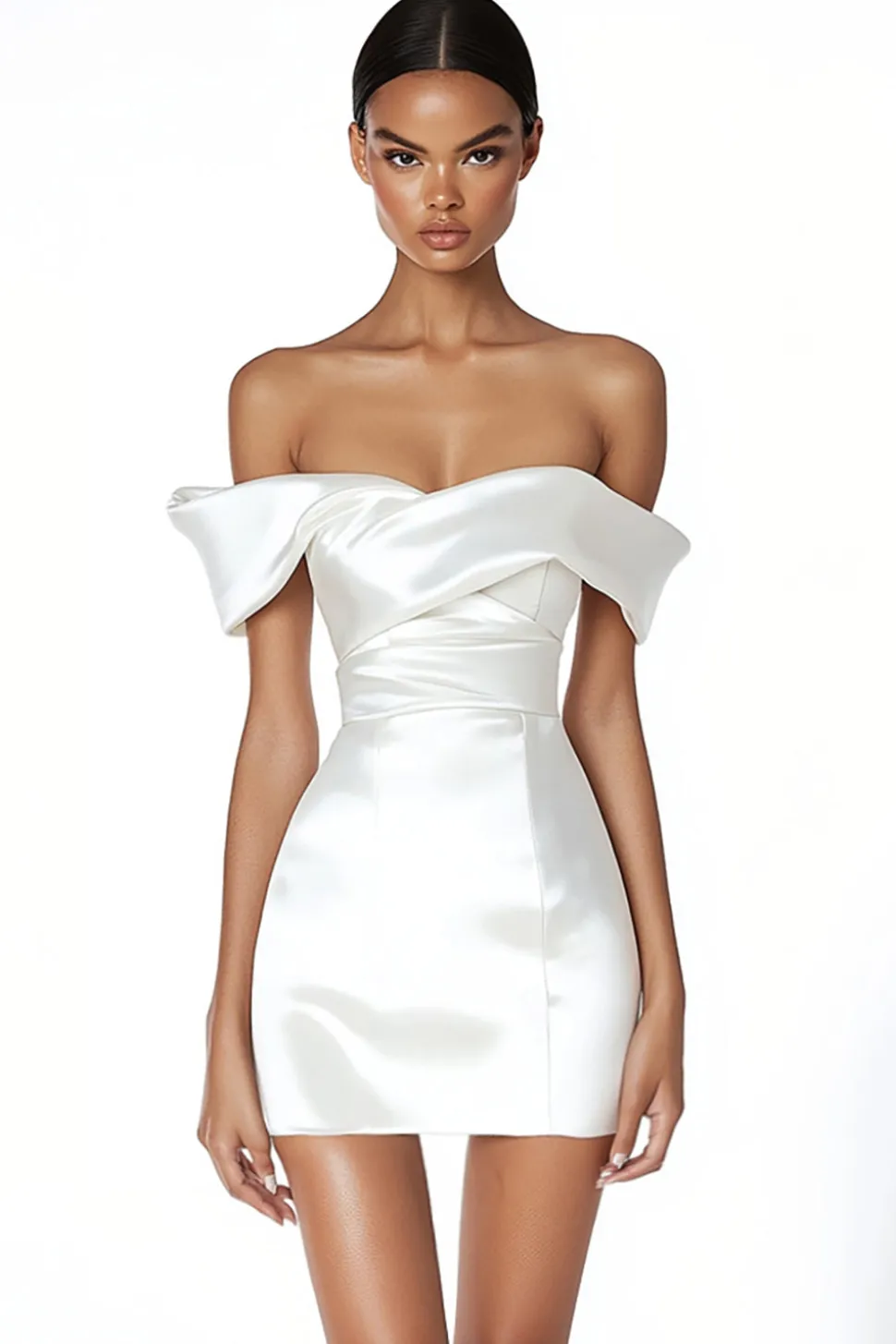 Vestidinho Branco Fora do Ombro Curto/Mini Bodycon Cetim