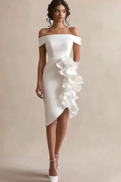 Vestidinho Branco Fora do Ombro Curto/Mini Cetim Bodycon