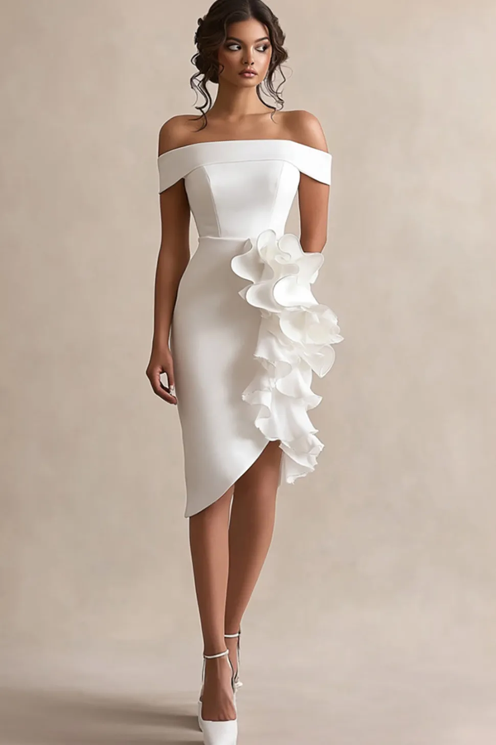 Vestidinho Branco Fora do Ombro Curto/Mini Cetim Bodycon