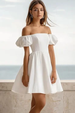 Vestidinho Branco Linha-A Curto/Mini Fora do Ombro