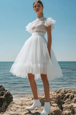 Vestidinho Branco Linha-A Midi Tule Mangas Curtas
