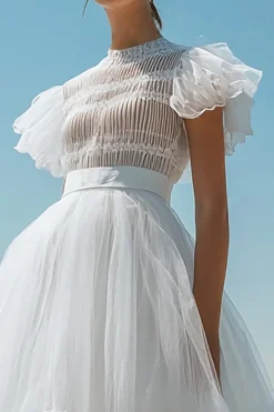 Vestidinho Branco Linha-A Midi Tule Mangas Curtas