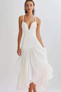 Vestidinho Branco Longo Linha-A Plissado Cetim