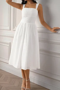 Vestidinho Branco Pescoço Quadrado Midi Linha-A