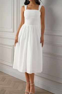 Vestidinho Branco Pescoço Quadrado Midi Linha-A