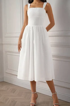Vestidinho Branco Pescoço Quadrado Midi Linha-A