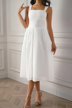 Vestidinho Branco Pescoço Quadrado Midi Linha-A