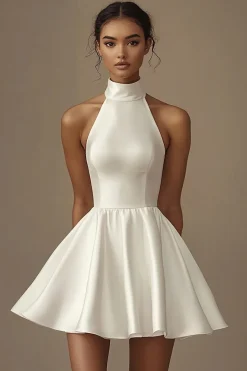 Vestidinho Branco Pescoço Alto Linha-A Curto Cetim