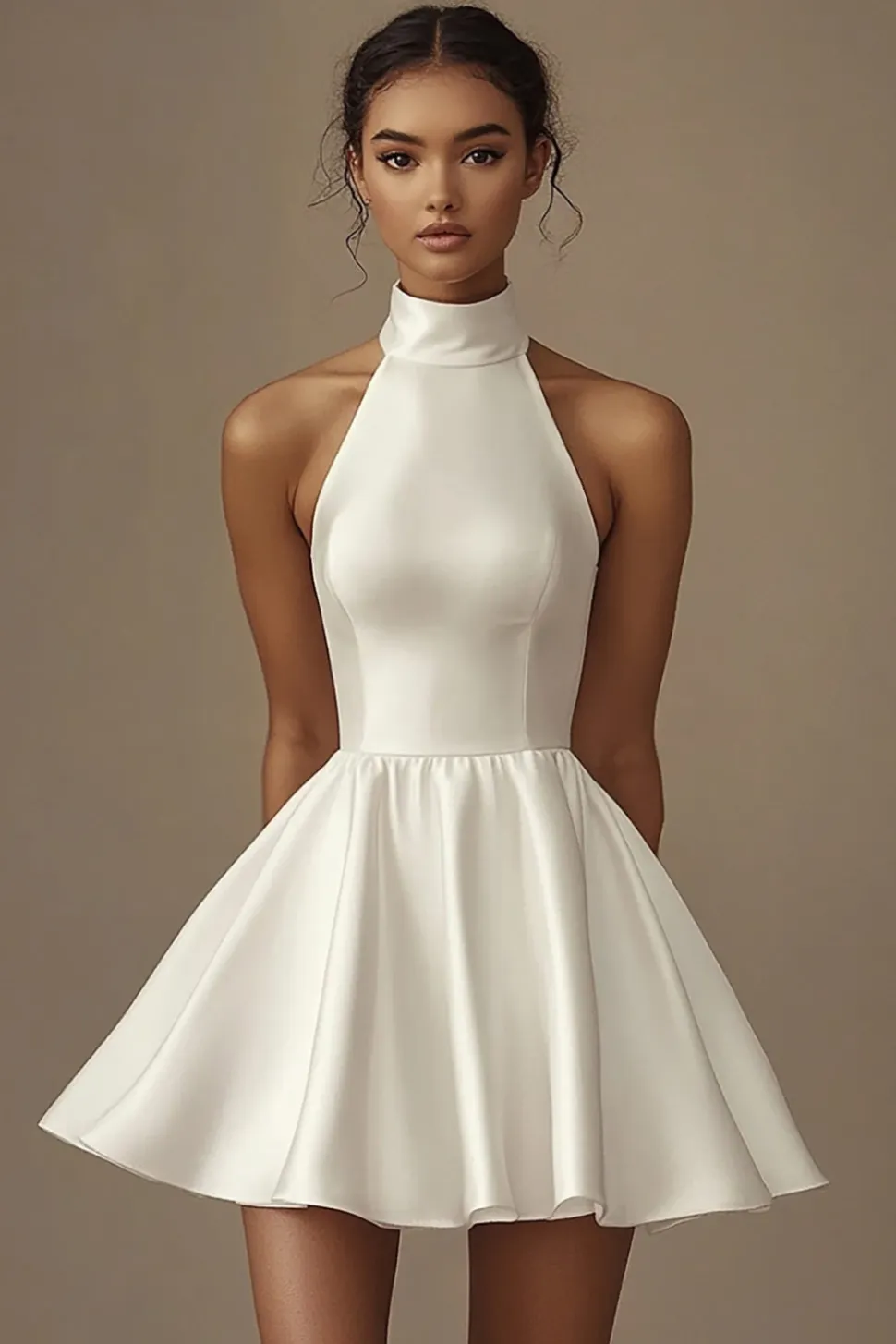 Vestidinho Branco Pescoço Alto Linha-A Curto Cetim