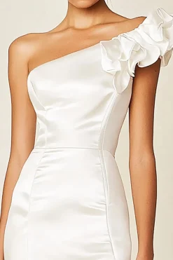 Vestidinho Branco Um Ombro Cetim Bodycon Assimétrico Curto/Mini