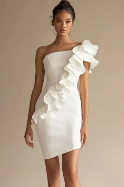 Vestidinho Branco Um Ombro Babado Curto/Mini Bodycon Cetim