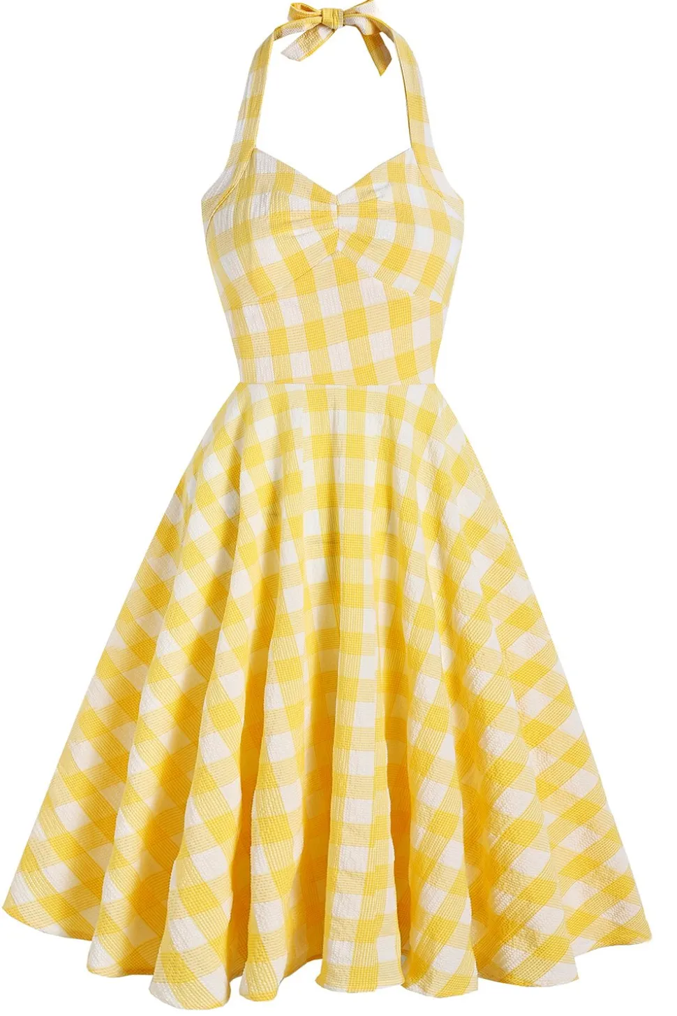 Vestido amarelo plaid halter 1950