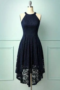 Vestido assimétrico de renda azul marinho