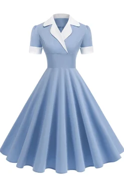Vestido azul A Line V-Neck dos anos 1950 com mangas curtas