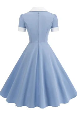 Vestido azul A Line V-Neck dos anos 1950 com mangas curtas