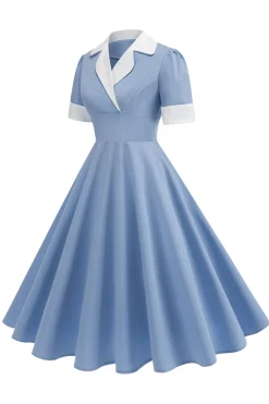 Vestido azul A Line V-Neck dos anos 1950 com mangas curtas