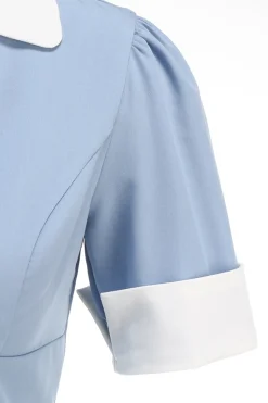 Vestido azul A Line V-Neck dos anos 1950 com mangas curtas
