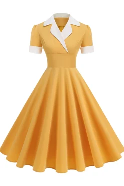 Vestido azul A Line V-Neck dos anos 1950 com mangas curtas