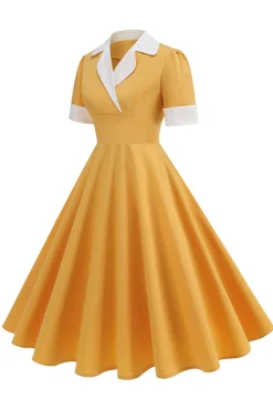 Vestido azul A Line V-Neck dos anos 1950 com mangas curtas