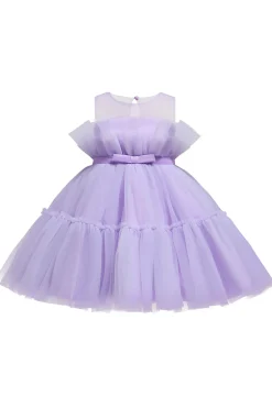 Vestido azul A-line Tulle Flower Girl com laço