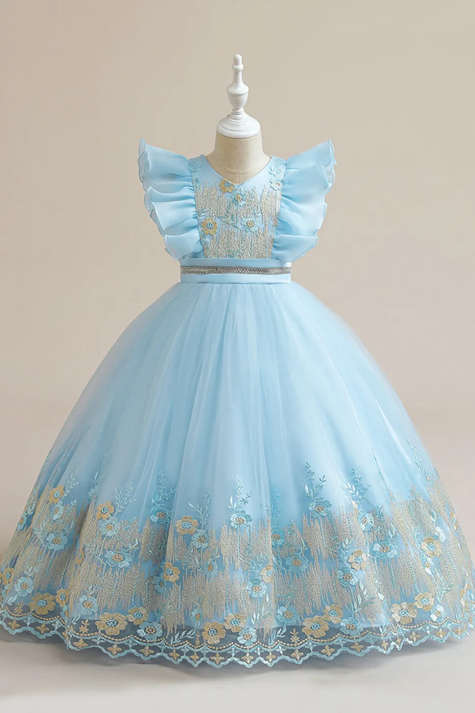 Vestido azul da menina de tule da linha com bordado