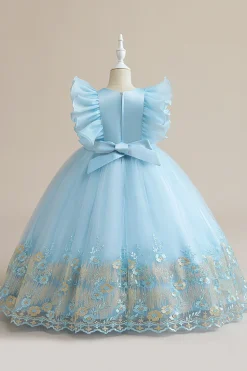 Vestido azul da menina de tule da linha com bordado