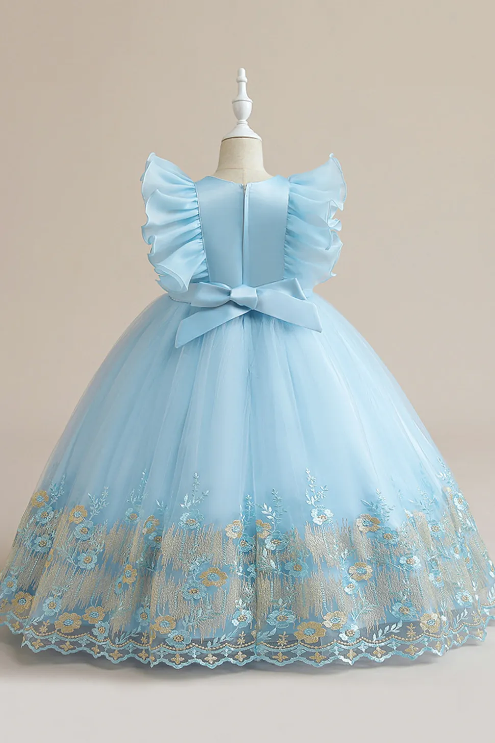 Vestido azul da menina de tule da linha com bordado